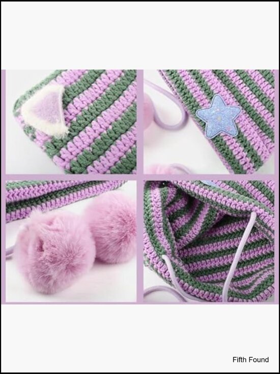 Kawaii Cat Ear Beanie with Star Pom Poms Y2K Cute Knit Slouchy Hat